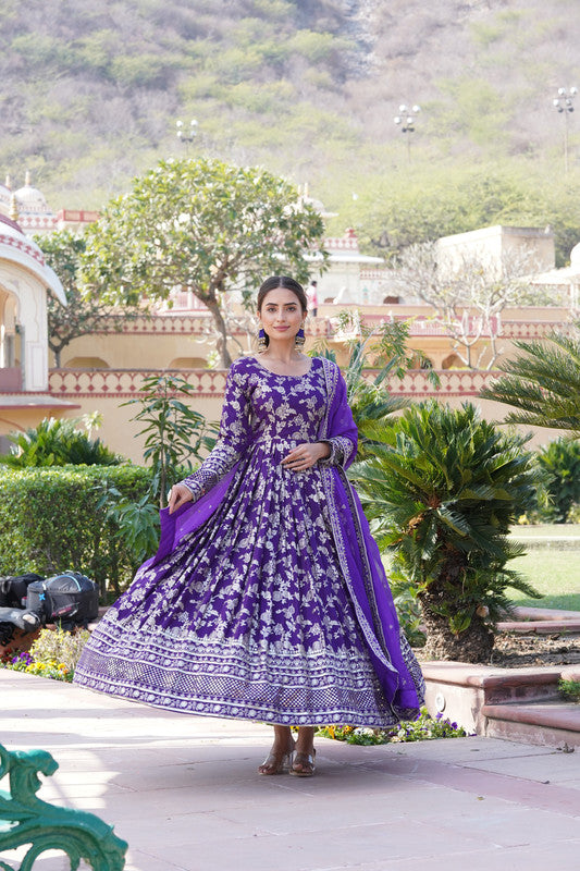 Women's Purple Viscose Jacquard With Sequins Embroidered Anarkali Dress With Dupatta