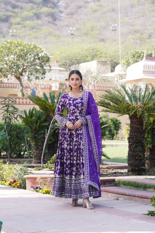 Women's Purple Viscose Jacquard With Sequins Embroidered Anarkali Dress With Dupatta - Jyoti Fashion
