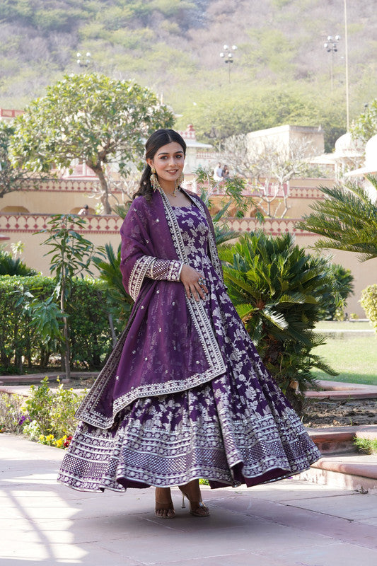 Women's Wine Viscose Jacquard With Sequins Embroidered Anarkali Dress With Dupatta - Jyoti Fashion