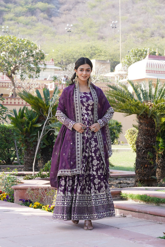 Women's Wine Viscose Jacquard With Sequins Embroidered Anarkali Dress With Dupatta - Jyoti Fashion