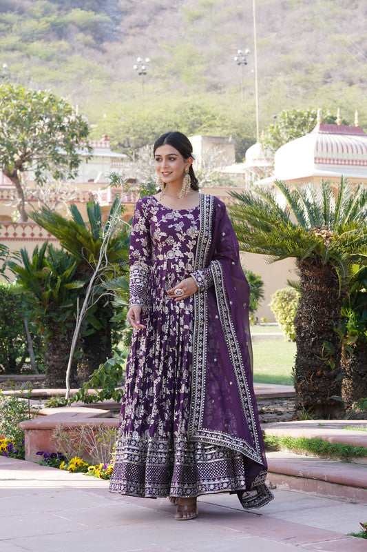 Women's Wine Viscose Jacquard With Sequins Embroidered Anarkali Dress With Dupatta