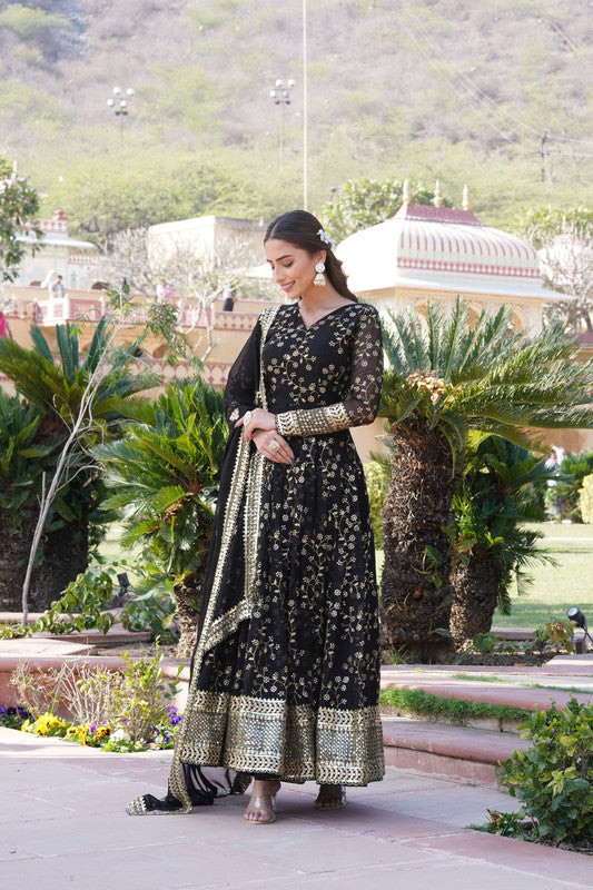 Women's Black Faux Blooming Sequins Thread Embroidered Anarkali Dress With Dupatta - Jyoti Fashion
