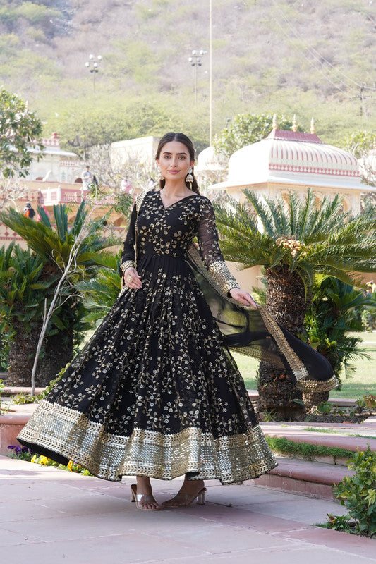 Women's Black Faux Blooming Sequins Thread Embroidered Anarkali Dress With Dupatta - Jyoti Fashion