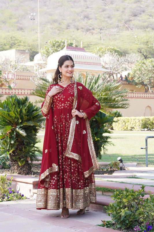 Women's Maroon Faux Blooming Sequins Thread Embroidered Anarkali Dress With Dupatta - Jyoti Fashion