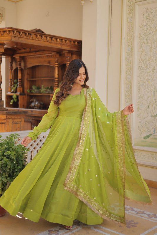 Women's Green Russian Silk Kali Work Partywear Anarkali Dress With Dupatta - Jyoti Fashion