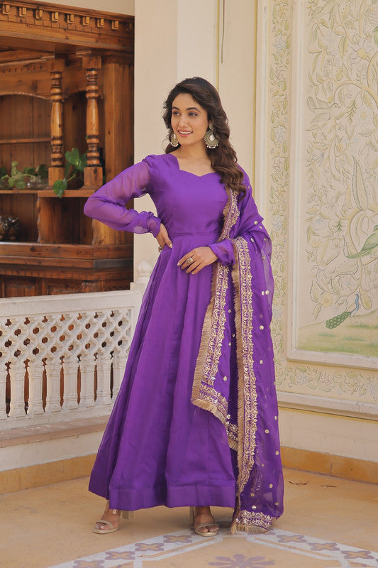 Women's Purple Russian Silk Kali Work Partywear Anarkali Dress With Dupatta - Jyoti Fashion