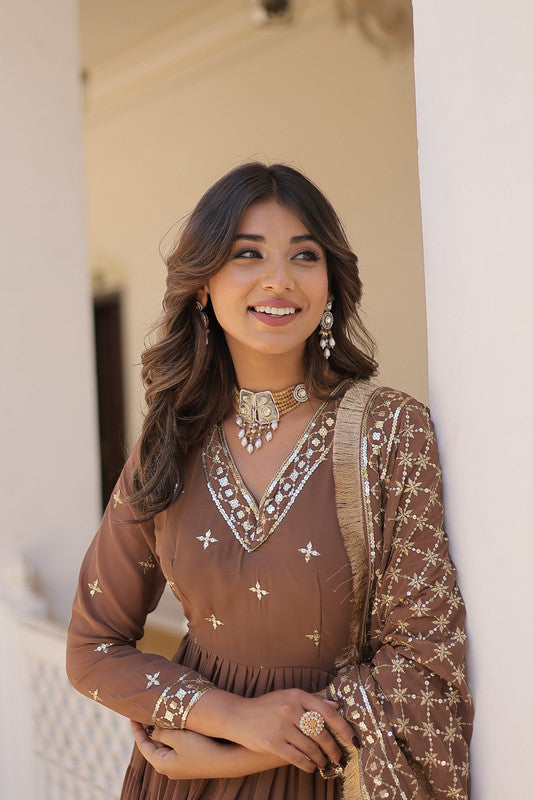 Women's Coffee Faux Georgette Embroidered Partywear Anarkali Dress With Dupatta - Jyoti Fashion