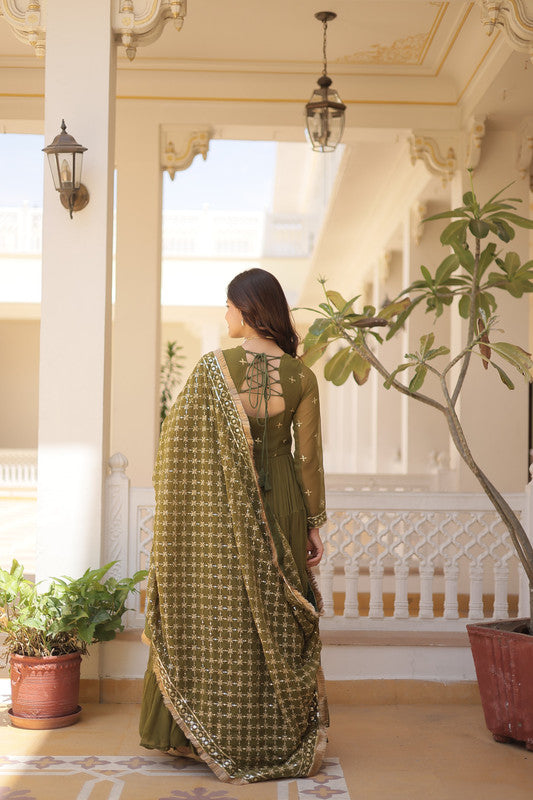 Women's Mehendi Faux Georgette Embroidered Partywear Anarkali Dress With Dupatta - Jyoti Fashion