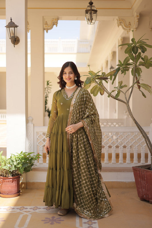 Women's Mehendi Faux Georgette Embroidered Partywear Anarkali Dress With Dupatta - Jyoti Fashion