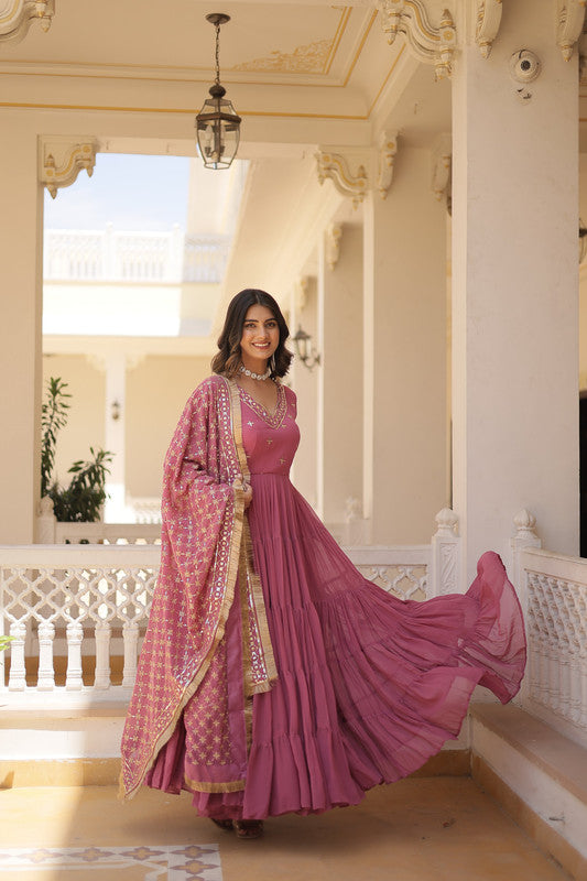 Women's Onion Pink Faux Georgette Embroidered Partywear Anarkali Dress With Dupatta - Jyoti Fashion