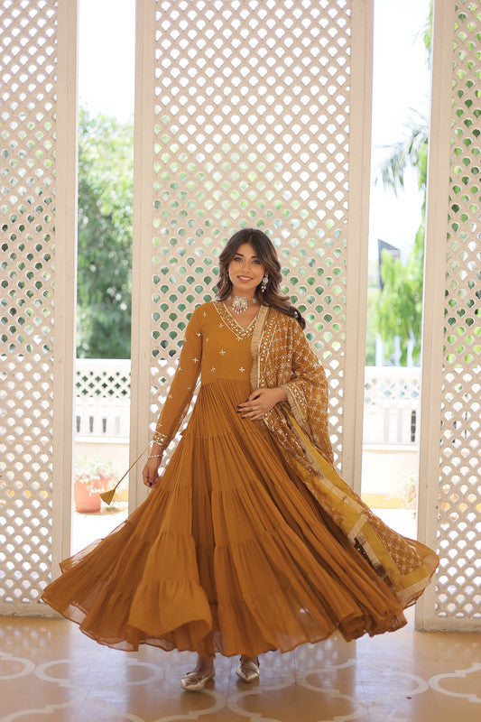 Women's Mustard Faux Georgette Embroidered Partywear Anarkali Dress With Dupatta - Jyoti Fashion