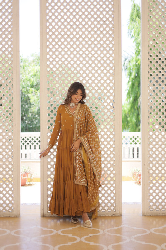 Women's Mustard Faux Georgette Embroidered Partywear Anarkali Dress With Dupatta - Jyoti Fashion