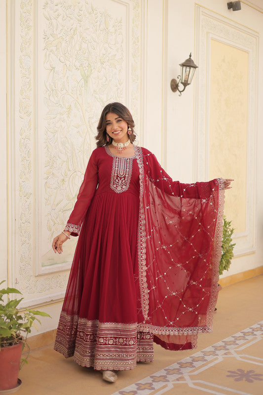 Women's Maroon Faux Blooming Sequins Embroidered Partywear Anarkali Dress With Dupatta