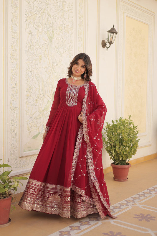 Women's Maroon Faux Blooming Sequins Embroidered Partywear Anarkali Dress With Dupatta