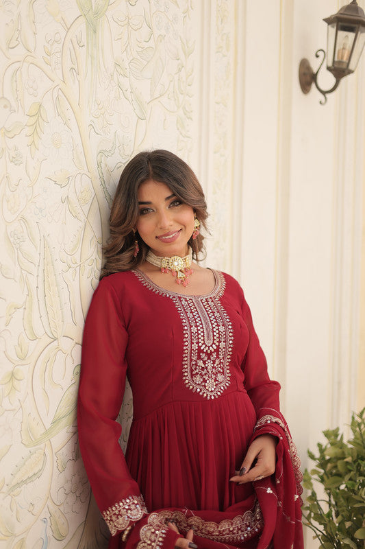 Women's Maroon Faux Blooming Sequins Embroidered Partywear Anarkali Dress With Dupatta