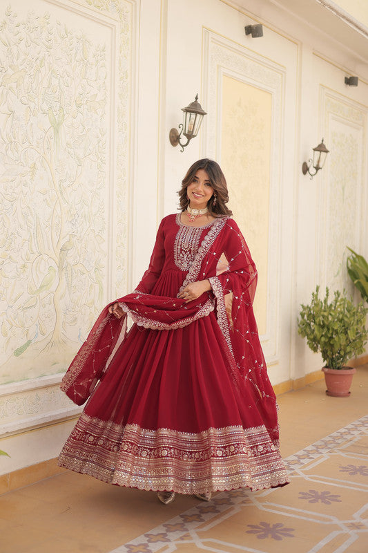 Women's Maroon Faux Blooming Sequins Embroidered Partywear Anarkali Dress With Dupatta