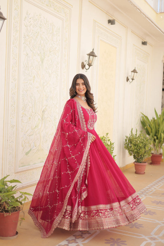 Women's Rani Pink Faux Blooming Sequins Embroidered Partywear Anarkali Dress With Dupatta