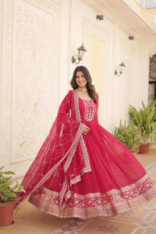 Women's Rani Pink Faux Blooming Sequins Embroidered Partywear Anarkali Dress With Dupatta