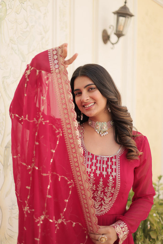Women's Rani Pink Faux Blooming Sequins Embroidered Partywear Anarkali Dress With Dupatta