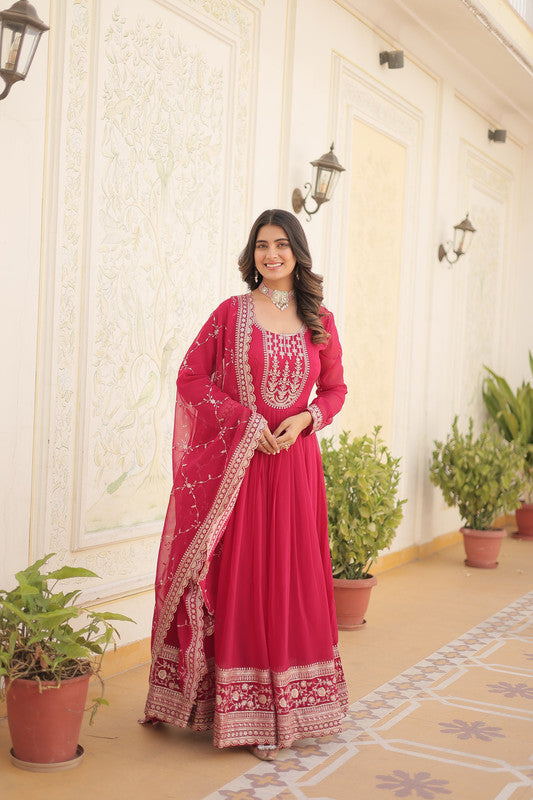 Women's Rani Pink Faux Blooming Sequins Embroidered Partywear Anarkali Dress With Dupatta