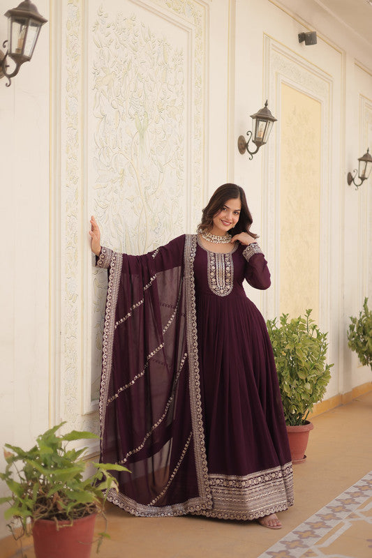 Women's Wine Faux Blooming Sequins Embroidered Partywear Anarkali Dress With Dupatta