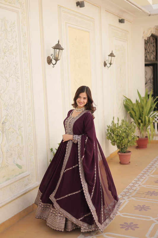 Women's Wine Faux Blooming Sequins Embroidered Partywear Anarkali Dress With Dupatta