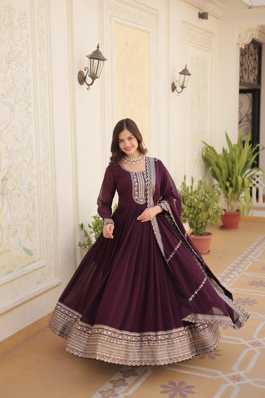Women's Wine Faux Blooming Sequins Embroidered Partywear Anarkali Dress With Dupatta