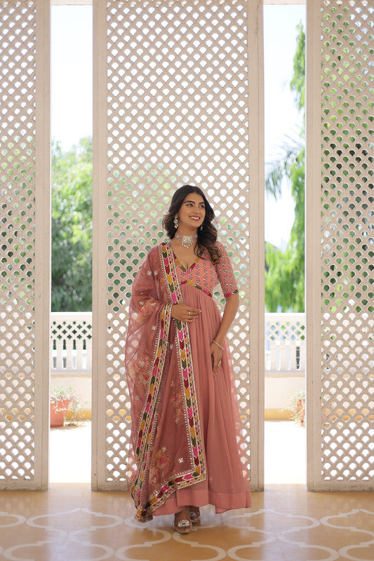 Women's Peach Faux Georgette Sequins Zari Embroidered Anarkali Dress With Dupatta - Jyoti Fashion