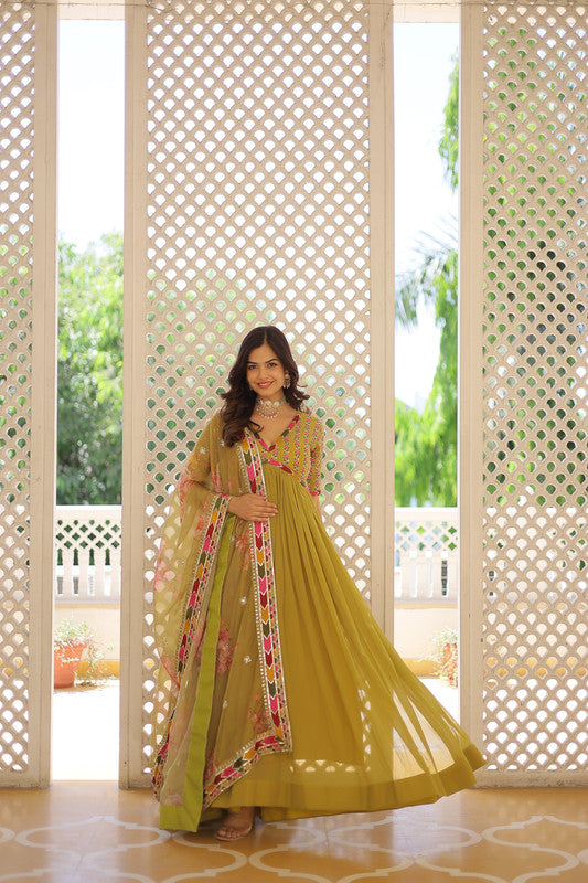 Women's Mehendi Faux Georgette Sequins Zari Embroidered Anarkali Dress With Dupatta - Jyoti Fashion