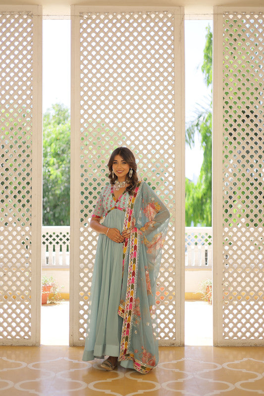 Women's Sky Blue Faux Georgette Sequins Zari Embroidered Anarkali Dress With Dupatta - Jyoti Fashion