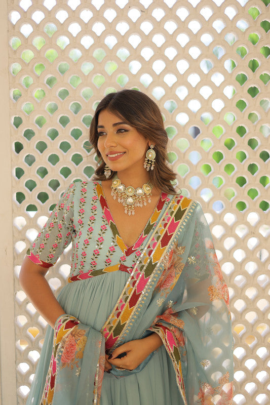 Women's Sky Blue Faux Georgette Sequins Zari Embroidered Anarkali Dress With Dupatta - Jyoti Fashion