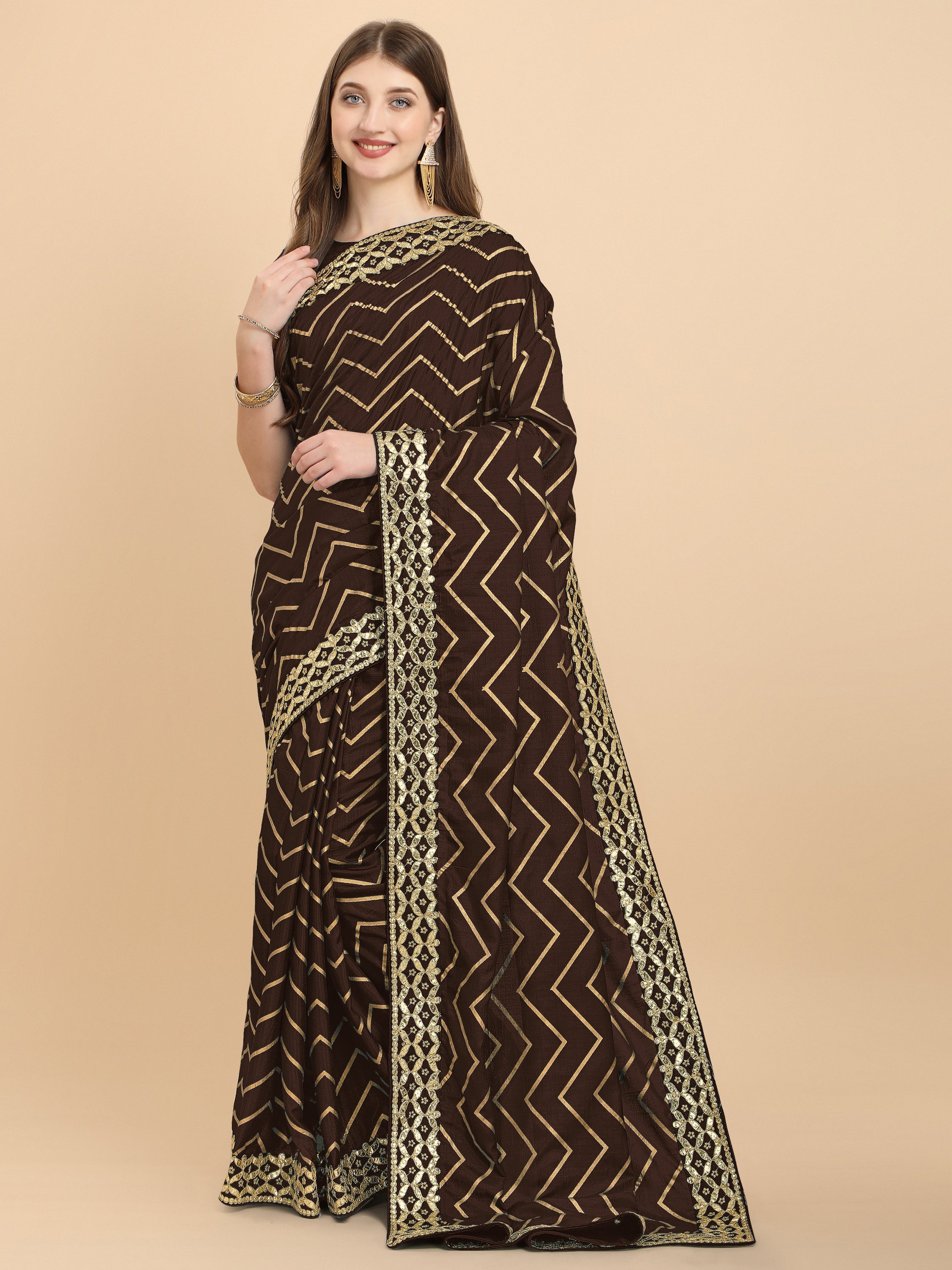 Women's Gota Patti Traditional Work Wedding Wear Art Silk Saree With Blouse Piece (Coffee Brown) - NIMIDHYA