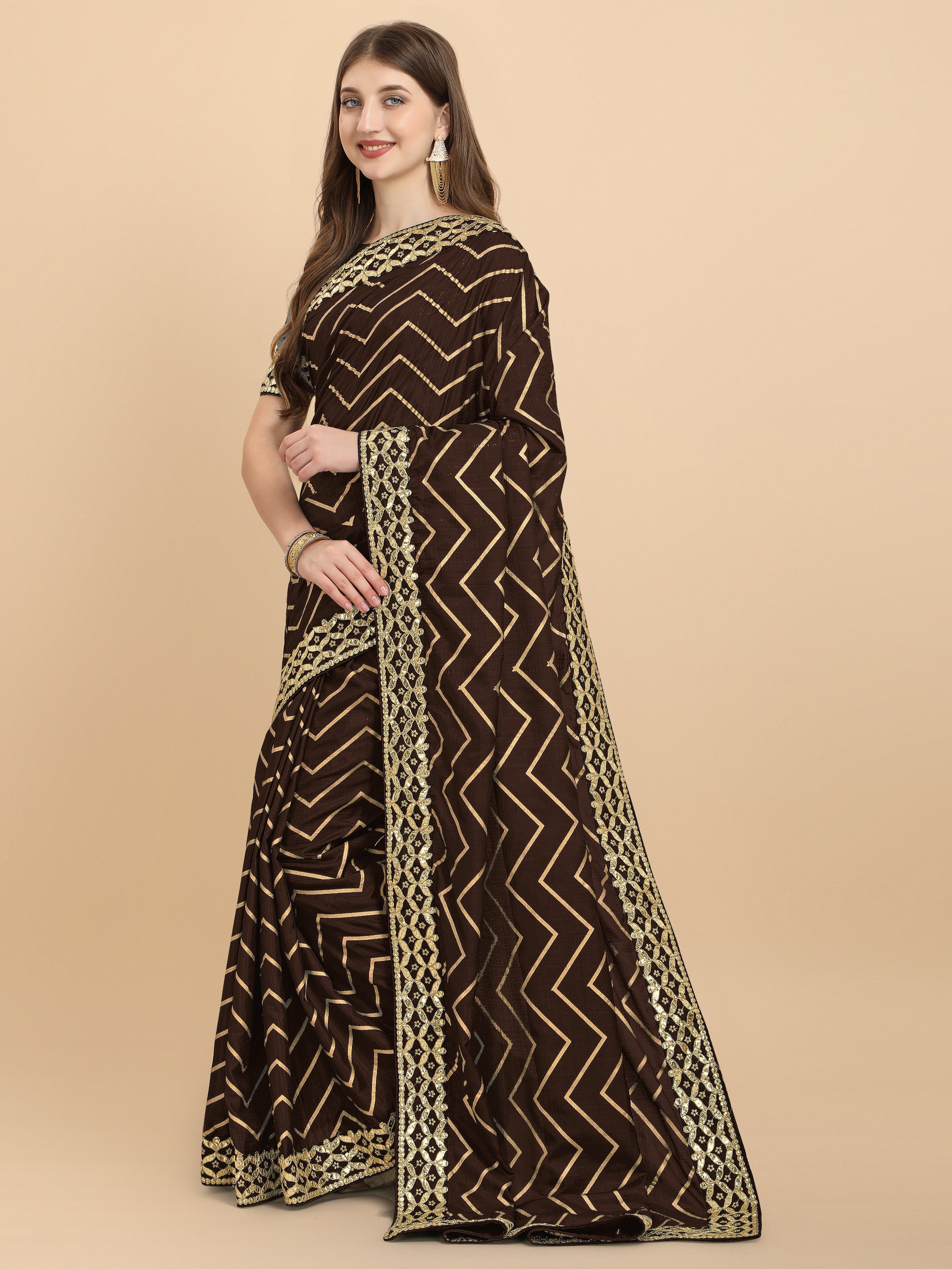 Women's Gota Patti Traditional Work Wedding Wear Art Silk Saree With Blouse Piece (Coffee Brown) - NIMIDHYA