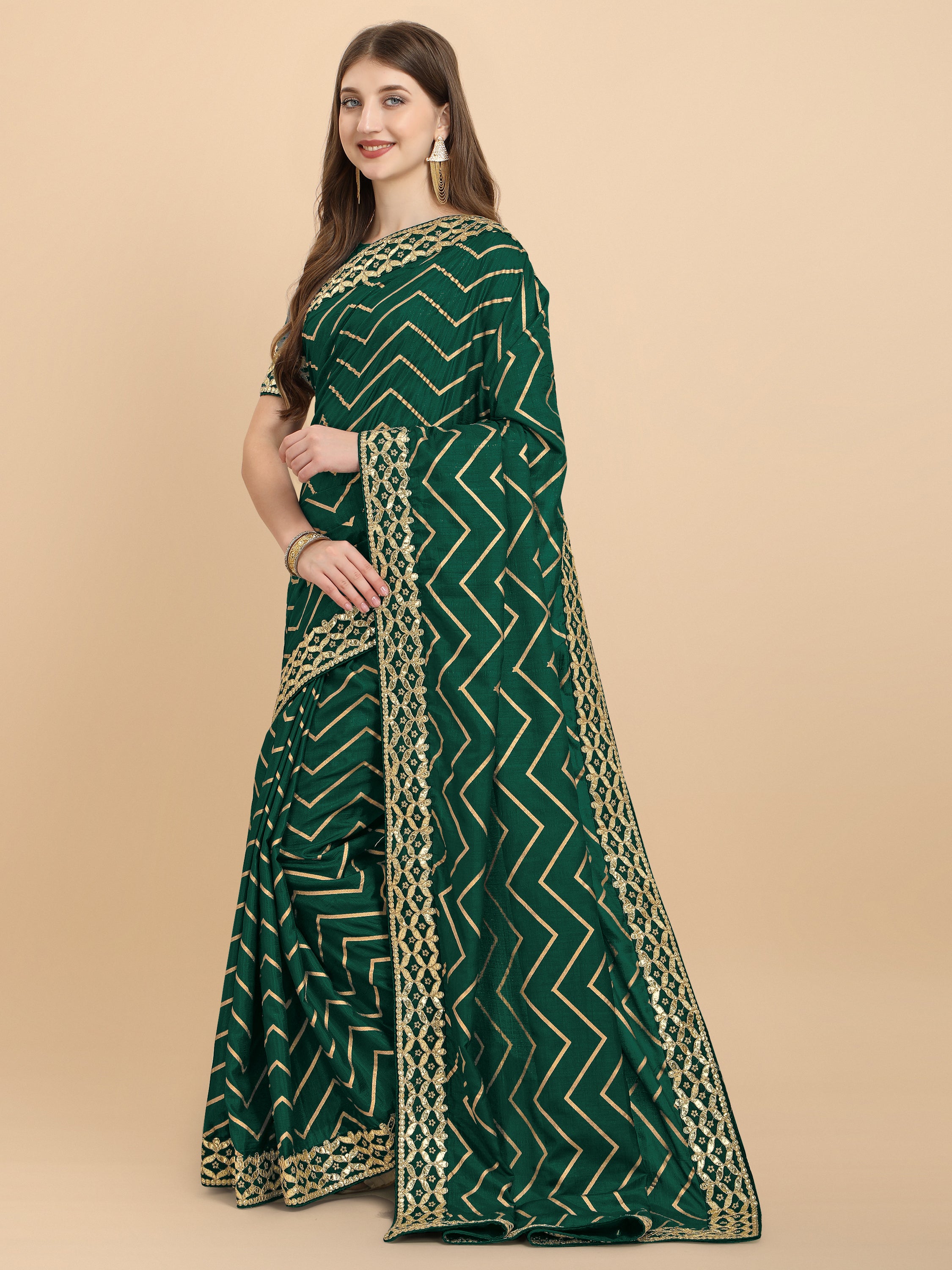 Women's Gota Patti Traditional Work Wedding Wear Art Silk Saree With Blouse Piece (Dark Green) - NIMIDHYA