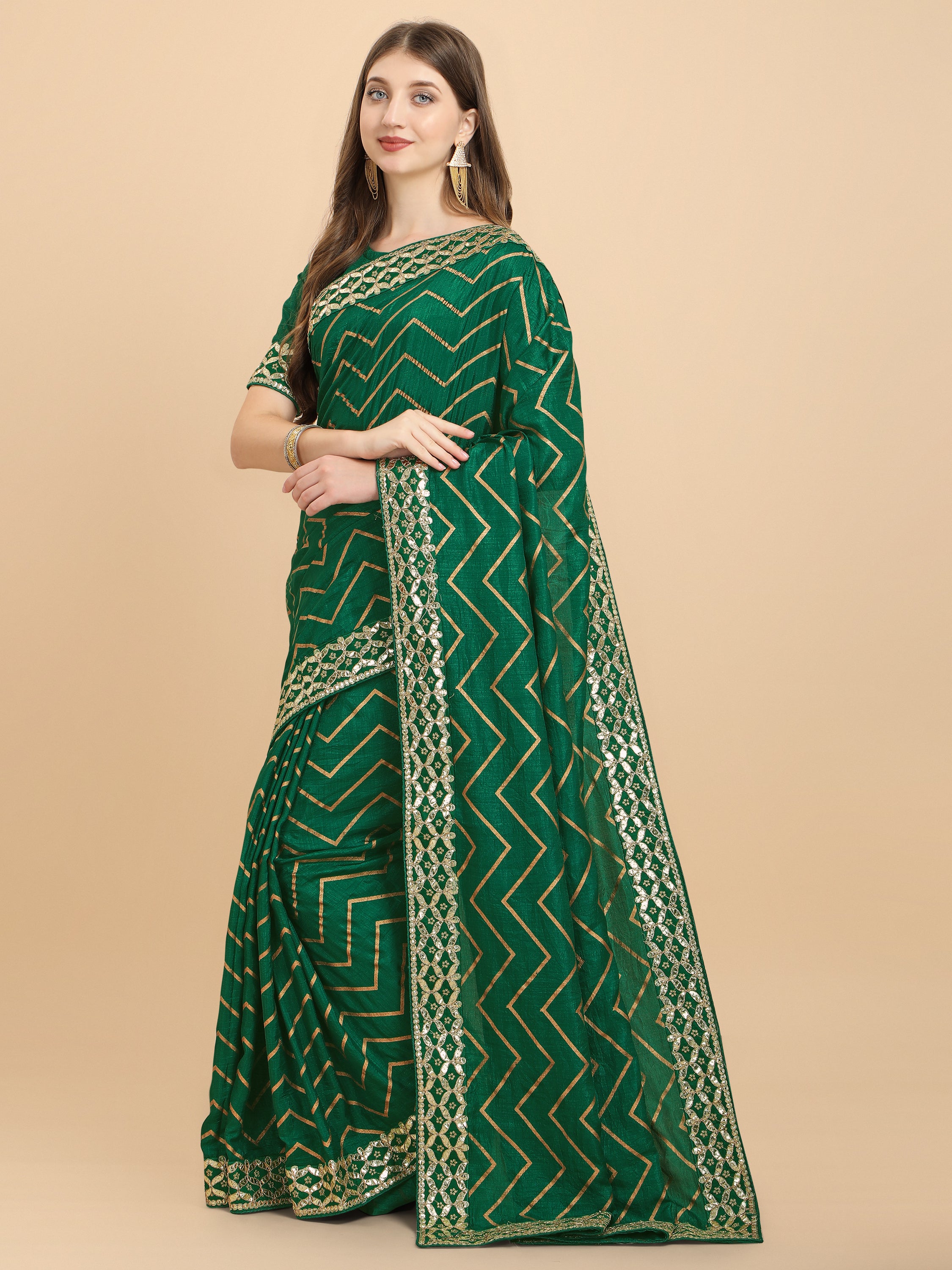 Women's Gota Patti Traditional Work Wedding Wear Art Silk Saree With Blouse Piece (Green) - NIMIDHYA