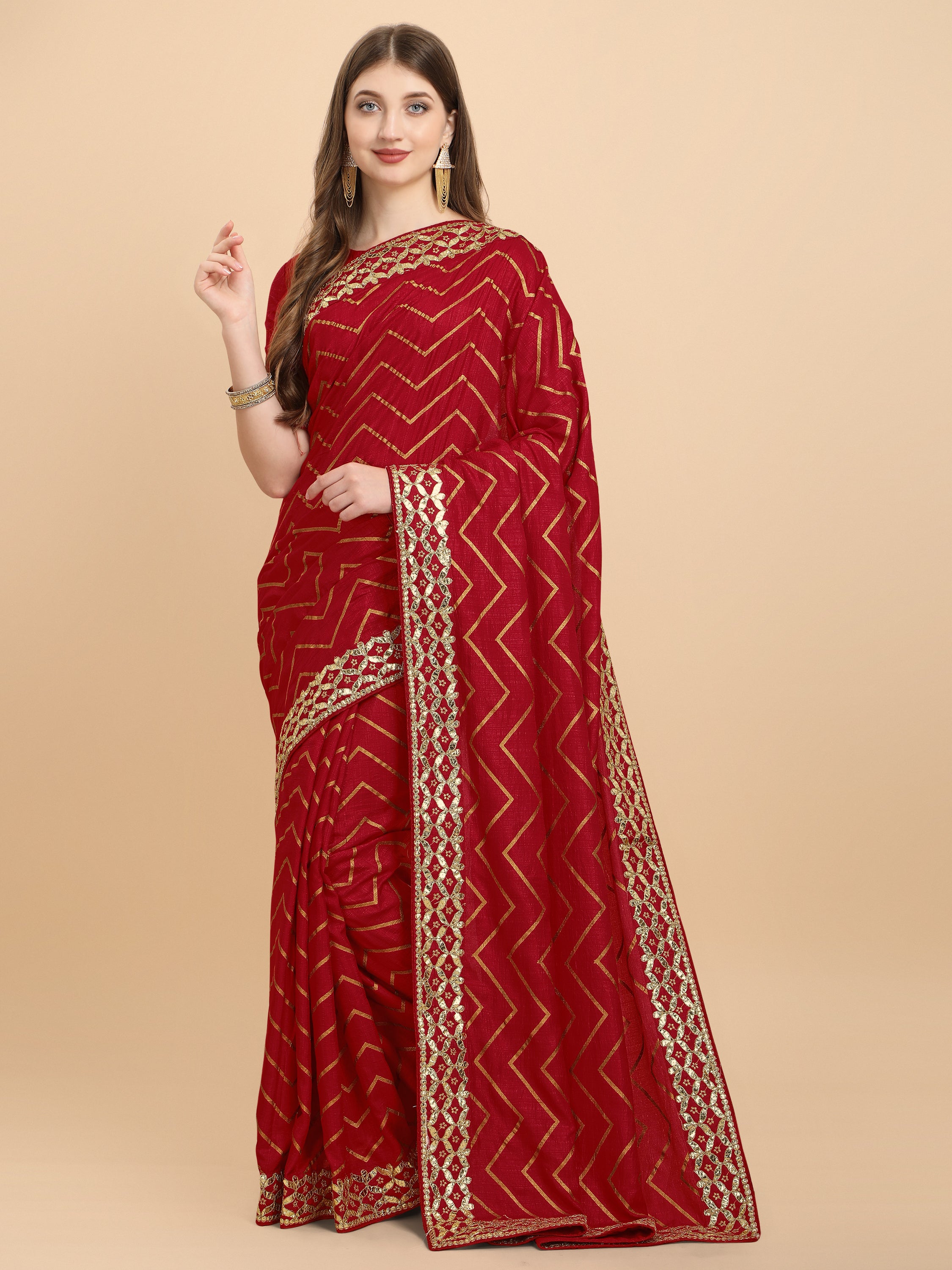 Women's Gota Patti Traditional Work Wedding Wear Art Silk Saree With Blouse Piece (Red) - NIMIDHYA