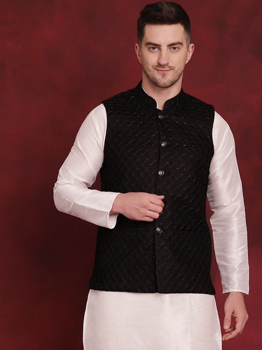 Men's Black Woven Design Nehru Jacket - Taantav