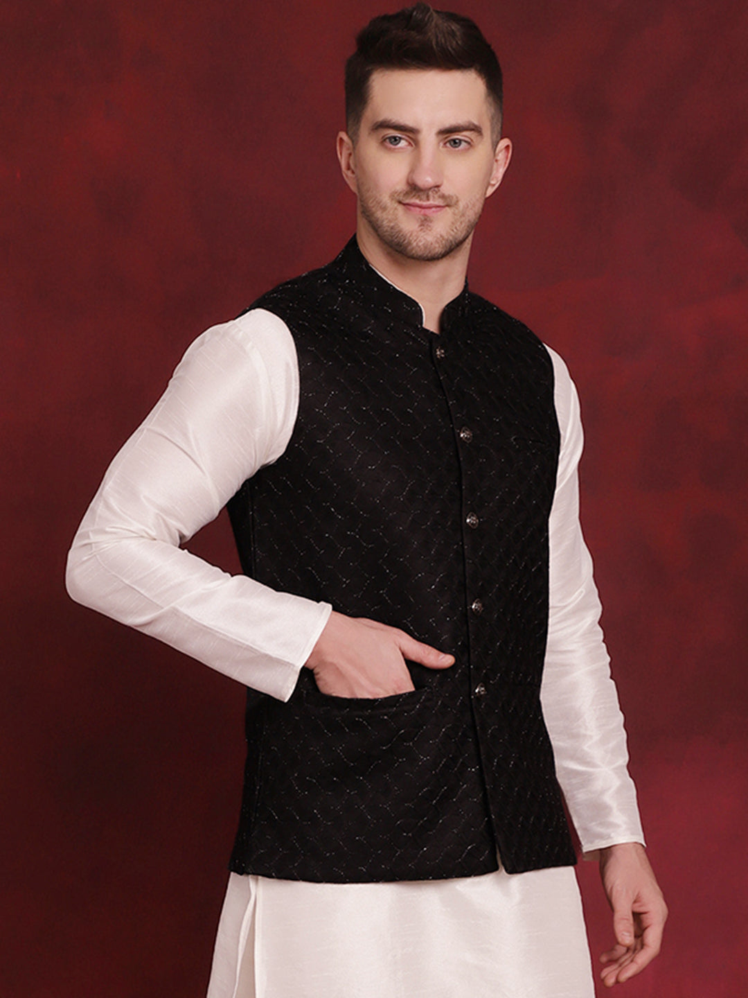 Men's Black Woven Design Nehru Jacket - Taantav