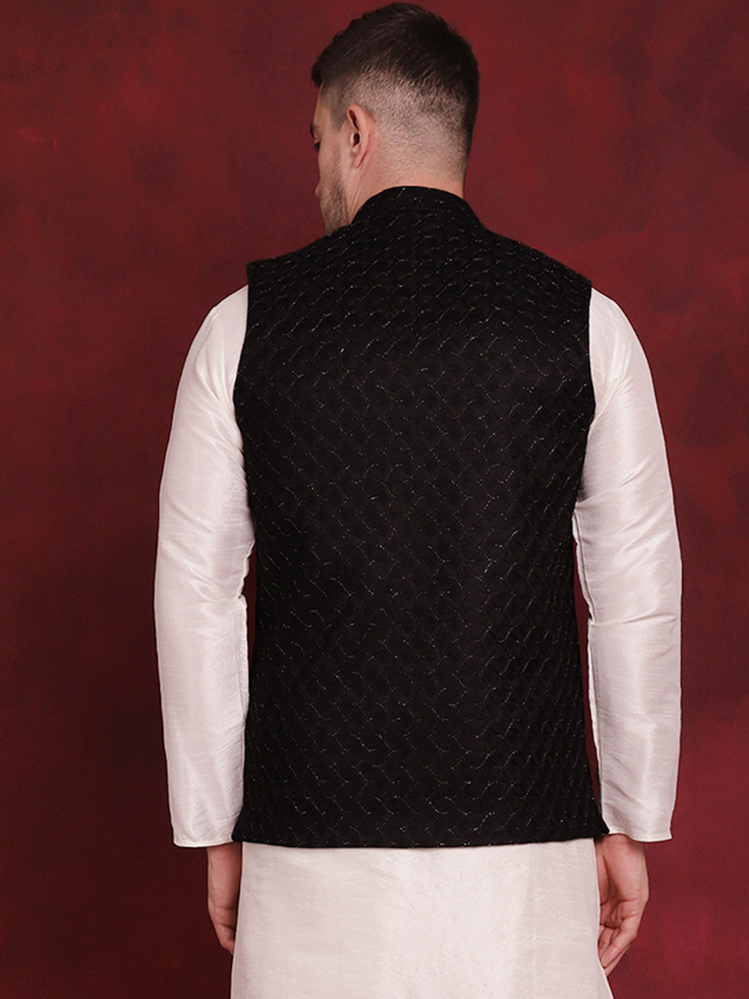 Men's Black Woven Design Nehru Jacket - Taantav