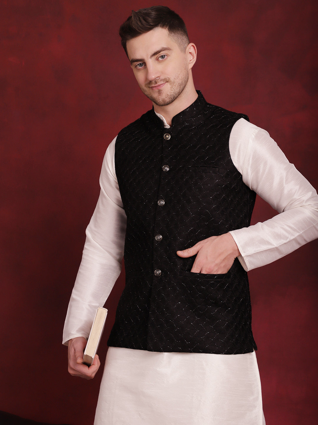 Men's Black Woven Design Nehru Jacket - Taantav