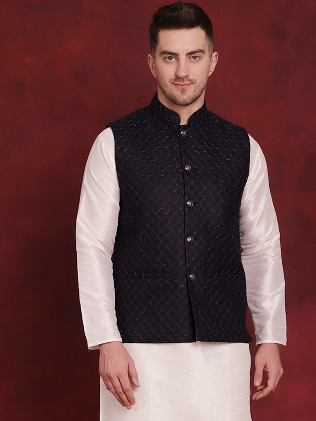 Men's Navy Blue Woven Design Nehru Jacket - Taantav