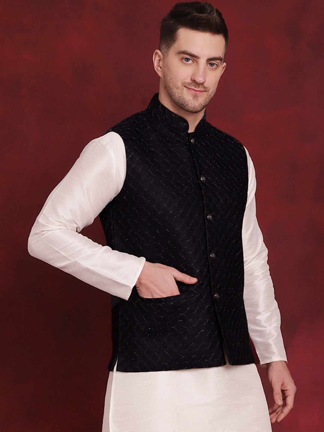 Men's Navy Blue Woven Design Nehru Jacket - Taantav