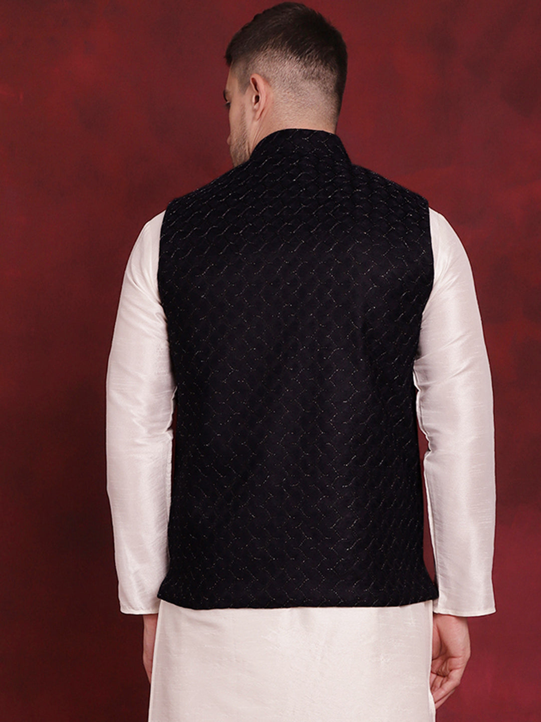 Men's Navy Blue Woven Design Nehru Jacket - Taantav