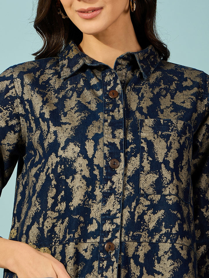 Women's Blue Cotton Camouflage Jacket