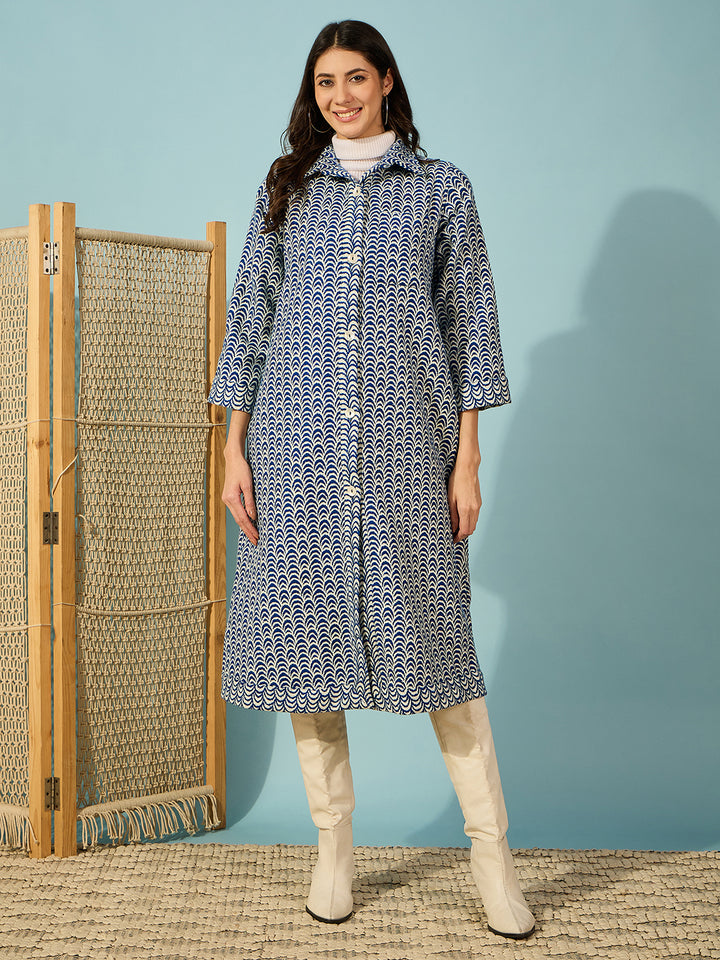 Women's Blue Wool Geometric Jacket