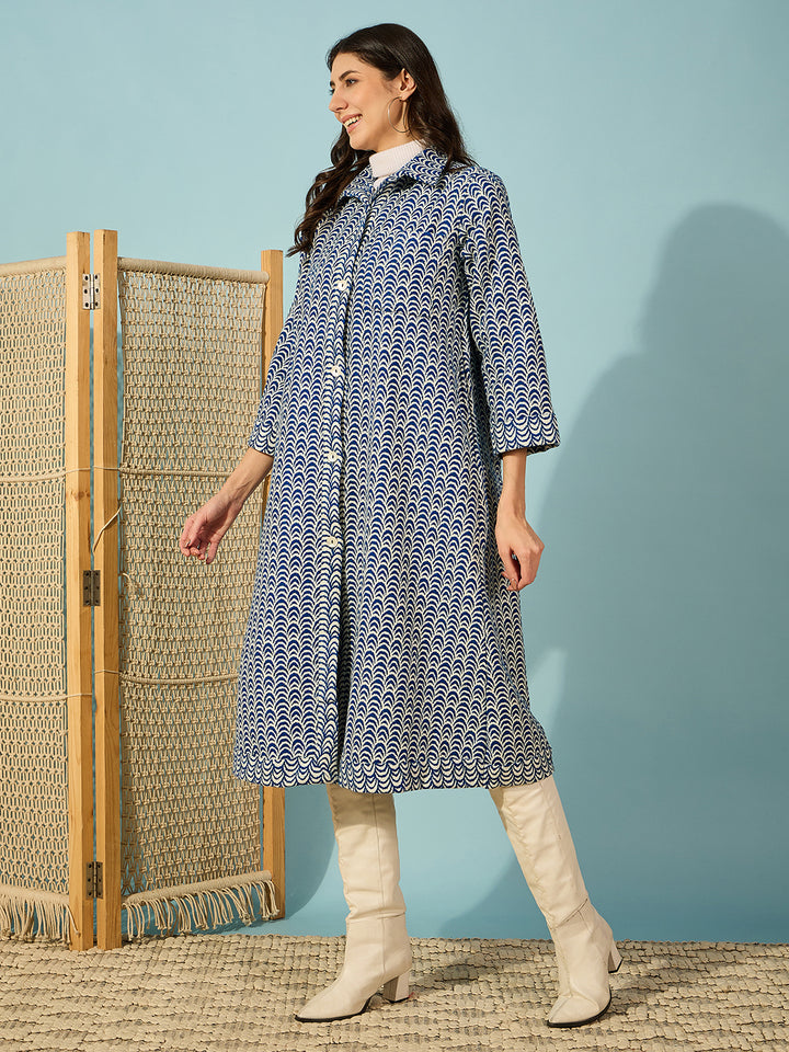 Women's Blue Wool Geometric Jacket