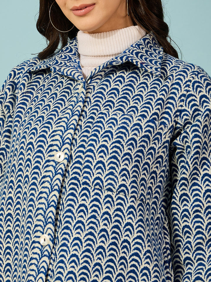 Women's Blue Wool Geometric Jacket