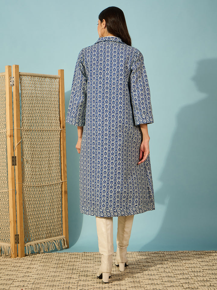 Women's Blue Wool Geometric Jacket