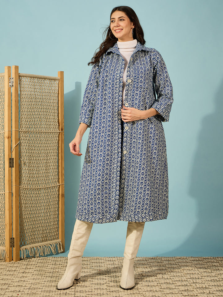 Women's Blue Wool Geometric Jacket