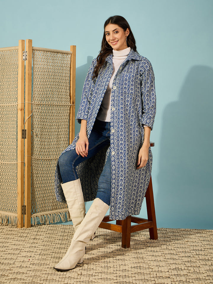 Women's Blue Wool Geometric Jacket